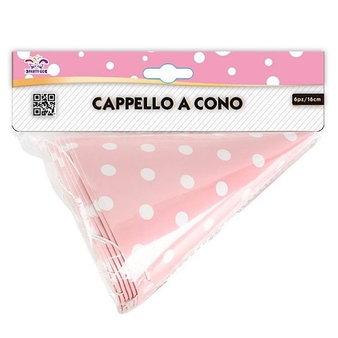 6 CAPPELLI COMPLEANNO BAMBINA IN CARTONE ROSA A POIS